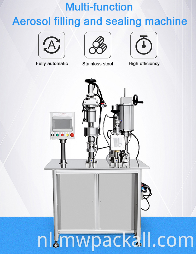 Nieuw model kleine productiemachines pneumatische aerosol blik vulmachine